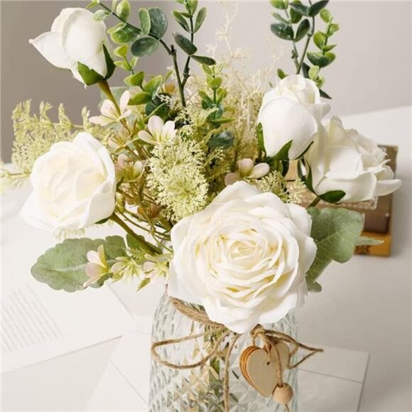 White Silk Roses in Vase Artificial Flowers Table Centerpiece Home Decor - Picture 4 of 7